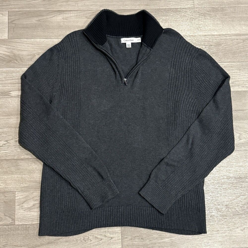 Calvin Klein 1/4 Zip Long Sleeved Pullover Grey Sweater Men's XL
